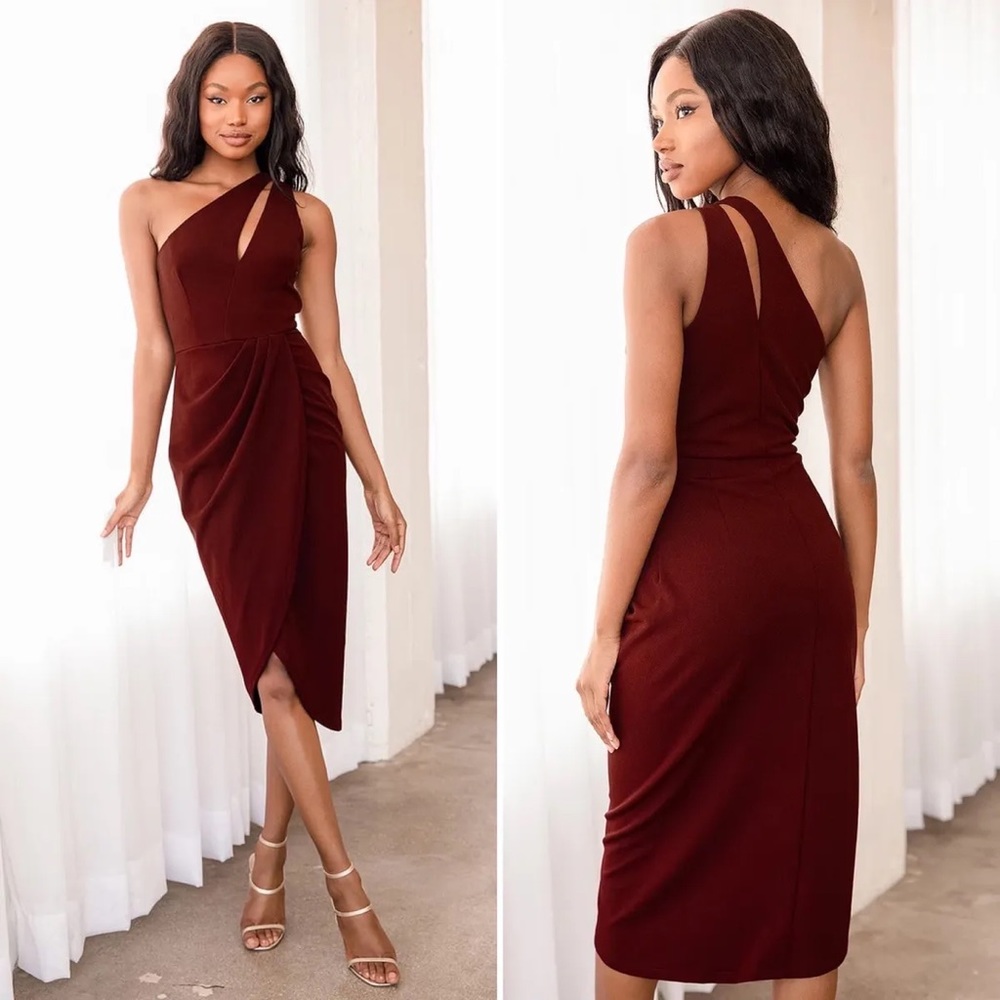 Lulu’s So Flirty Burgundy One-shoulder Cutout Asymmetrical Dress